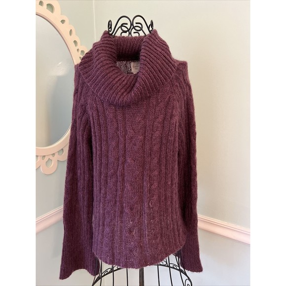 Garnet Hill Plum Sweater M Pullover Turtleneck Mohair Blend Cable Knit Jumper - Picture 1 of 5